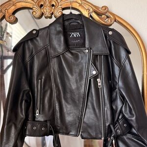 ZARA Black Faux Leather Moto Jacket with Belted Waist
